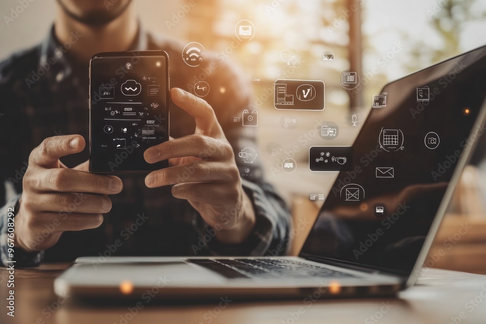 Poster man using smartphone and laptop with digital icons