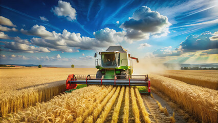 Fototapeta premium A sunny day on a large field as a combine harvester cuts through wheat during harvest season, harvest, agriculture, farming