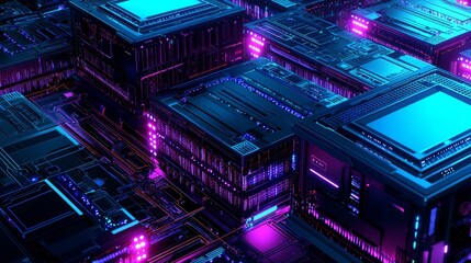 Obraz premium This isometric view depicts a server room and big data processing concept with a datacenter and digital information technology.