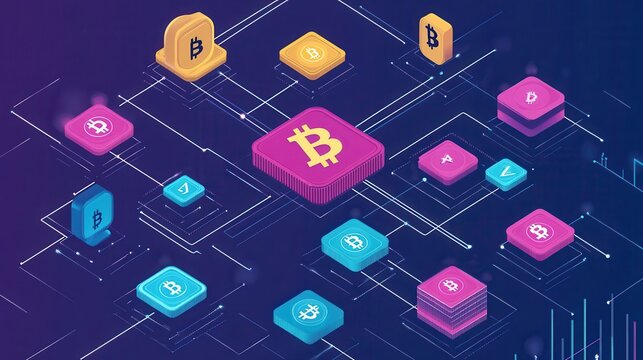 Colorful digital representation of various cryptocurrencies interconnected, highlighting bitcoin as the central element in a modern design.