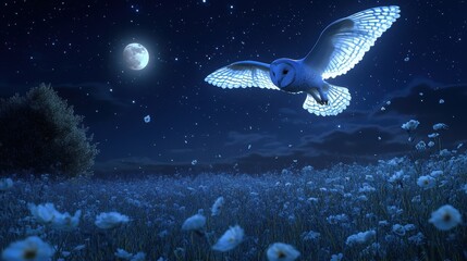 Fototapeta premium Snowy Owl Flying Under a Starry Night