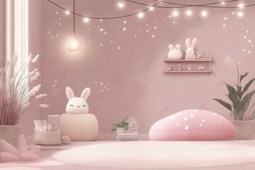 Cute pastel interior with bunny decor, soft lighting, and a cozy atmosphere, perfect for children's spaces or whimsical designs.