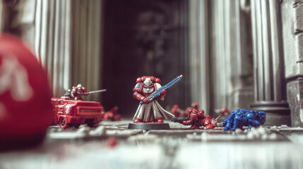 staged scene with miniature figures resembling characters and vehicles from a science fiction setting, likely from a tabletop game.