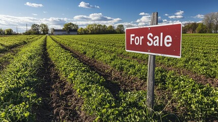 Farmland for Sale Sign with Green Crops and Blue Sky