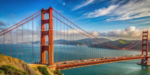 Obraz premium Iconic San Francisco landmark, Golden Gate Bridge with red suspension cables , architecture, engineering