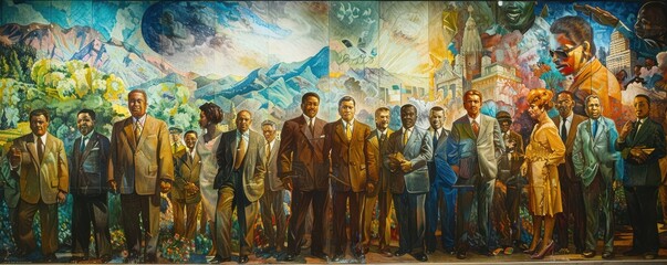 Fototapeta premium Colorful mural depicting diverse people and historical figures in a dynamic scene.