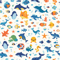 Obraz premium Seamless pattern with decorative fish. Cartoon style. pixel design