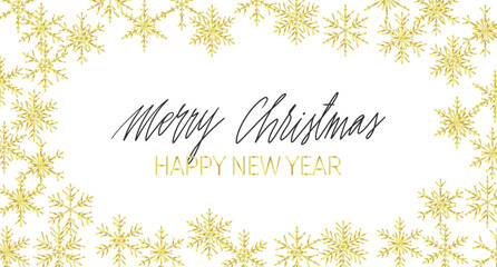 Handwritten Christmas greetings in a snowflakes frame, modern festive calligraphy lettering in golden over white. © Mara Fribus