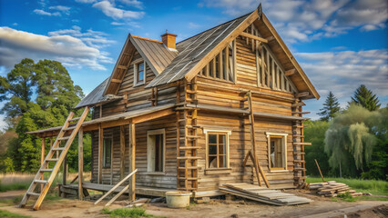 Fototapeta premium Old wooden house being lovingly restored to its former glory, restoration, renovate, vintage, architecture