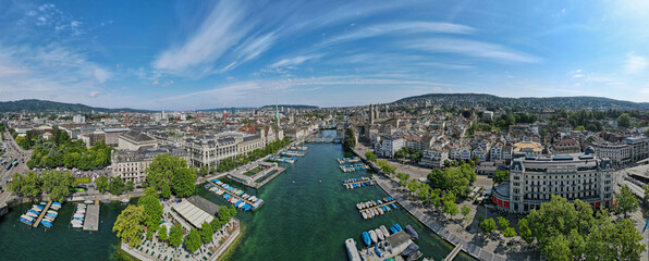 Drone view at the center of Zurich on Switzerland