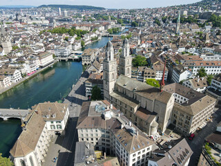 Fototapeta premium Drone view at the center of Zurich on Switzerland