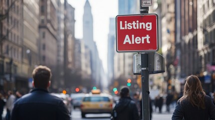 Listing Alert Sign on City Street with Blurred Pedestrians