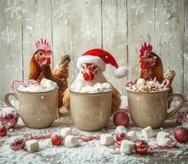 Three cheerful chickens in festive hats, surrounded by mugs of hot cocoa and holiday treats against a snowy backdrop.