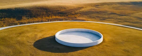 Drone shot of a modern art installation in an open field