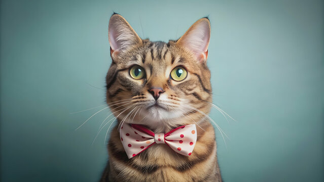Playful and adorable tabby cat wearing a bow tie, feline, pet, whiskers, cute, domestic, animal, loyal, curious, playful, friendly