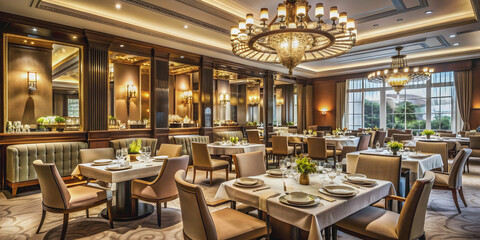 Obraz premium Luxurious restaurant interior with elegant decor and impeccable service, 5 star, reputation, upscale, fine dining