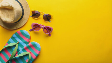 Obraz premium Beach accessories including sunglasses, flip flops, towel, and hat on a vibrant yellow background, beach, accessories, sunglasses