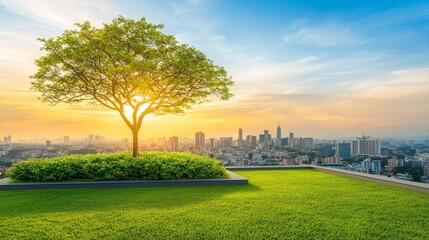 Obraz premium Located on a condominium or hotel roof top, a sky garden features trees, grass fields, and a blue sky.