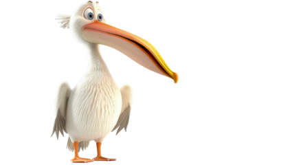 3D Bird of Pelican Character Isolated Png in White and Orange Color.