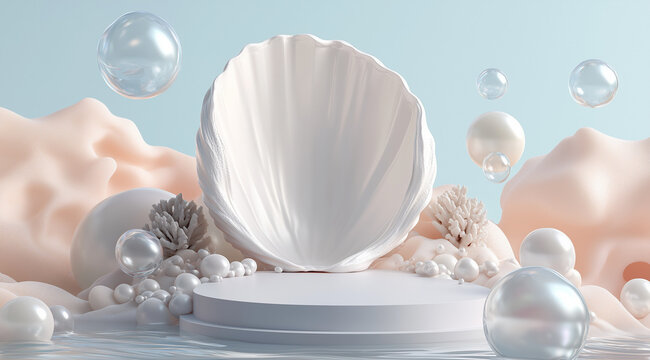 Luxurious 3D design featuring a white shell shaped podium on a soft blue background with coral structures and delicate bubbles, perfect for elegant product showcases and presentations