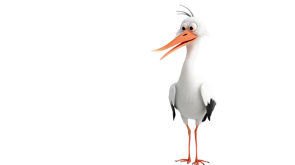 3D Cute Stork Bird Isolated on Png Background.
