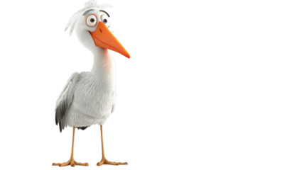 3D Cute Stork Bird Isolated on Png Background.