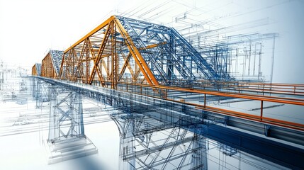 Finite element method structural analysis results - stress fields in a truss bridge, tension in blue, compression in red