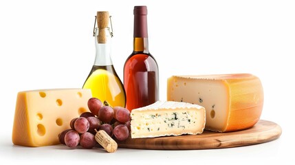 cheese and wine bottle on white solid background 