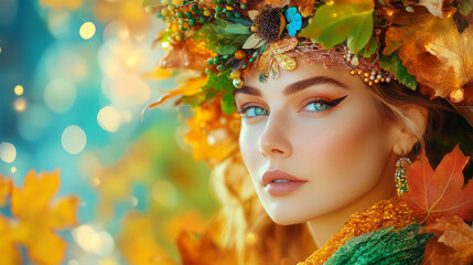 Portrait of a Young Woman, Goddess with Flowers and Leaves in Hair, Autumnal, Fall Emotions, Dreamy Colorful Illustration of a Mother Earth as a Woman in Orange Leafy Crown, Fruitful Nature.