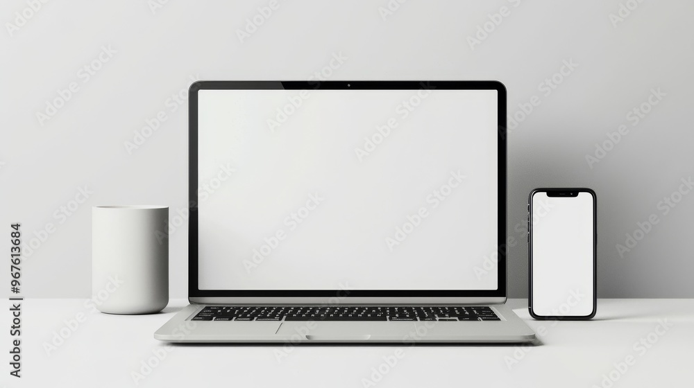 Poster mock up template of a laptop computer and mobile phone isolated on a white background. blank white m