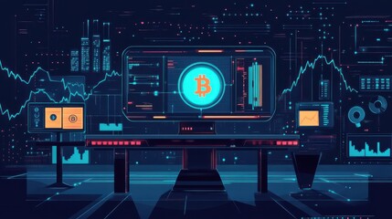 Digital dashboard displaying cryptocurrency data with Bitcoin symbol and market trends on a futuristic interface.