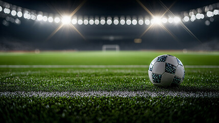Naklejka premium A floodlit soccer field at night showcases an empty stadium with bright lights illuminating scene. focus is on soccer ball resting on grass, evoking sense of anticipation and excitement