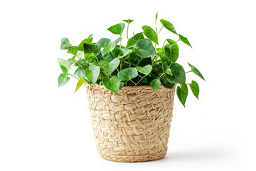 Naklejka premium Green house plant in straw pot isolated on white background.