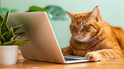 Curious Ginger Cat Focused on Laptop Screen, Home Office Setting, Pastel Green Background