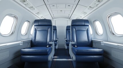 A cross-section view of an airplane's cabin shows the business class cabin with comfortable travel seats.