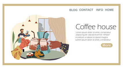 Landing page coffee house, tea cups, mugs. Hands holding tea cups. Coffee mugs cheers. Girls friends, couple drinking hot beverage, hand drawn Breakfast gathering, meeting in cafe, restaurant.