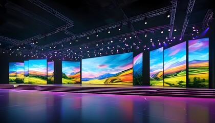 Dynamic modern stage design featuring vibrant landscapes on large screens and captivating lighting...