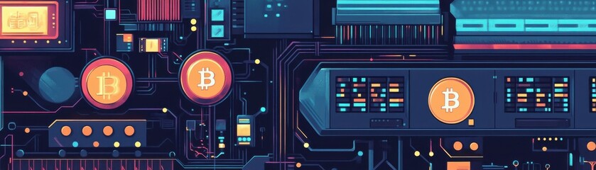 Digital illustration of blockchain technology with Bitcoin symbols, representing the concept of cryptocurrency and its innovation.