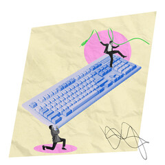 Businessman balancing on keyboard holding cables, while another holding it. Technology and productivity. Contemporary art collage. Concept of teamwork, business, technology, assistance
