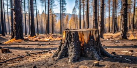 Burned tree stump in a desolate forest landscape after a wildfire, charred, destruction, wildfire, devastation