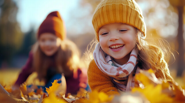 Happy Girl in Mustard Yellow Hat Playing with Fall Leaves in Park, Smiling Children Having Fun Outdoors on Autumn.