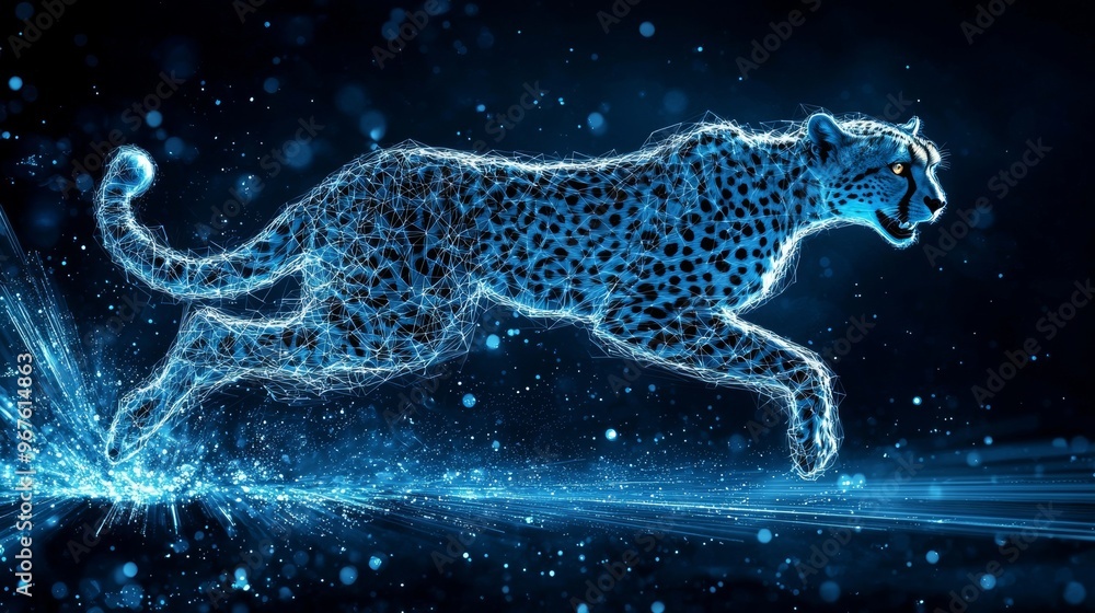 Aufkleber embedded in a blue background is an abstract depiction of a cheetah running composed of lines and tr
