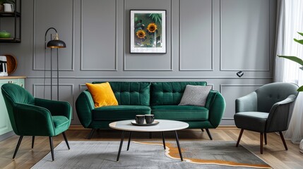 Modern living room with sofa, armchair, coffee table against grey wall with decorative trim, and a green chair near kitchen counter in a small apartment.