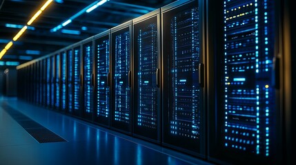 A Row of Illuminated Server Racks in a Modern Data Center