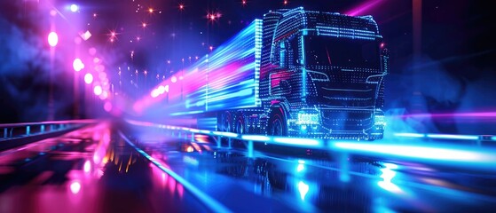 A truck is driving down a road with a bright blue sky in the background