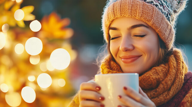 Young Smiling Woman in Knitted Hat Holding Coffee Mug, Enjoying Hot Drink To Go on a Cosy Autumn or Winter Day with Warm Bokeh Lights on Background.