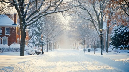 A quiet winter street covered in fresh snow, lined with bare trees and old-fashioned lampposts. Red-brick houses add a charming contrast, while gentle snowfall creates a soft, serene atmosphere.