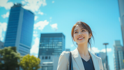 青空とオフィス街のビジネスウーマン