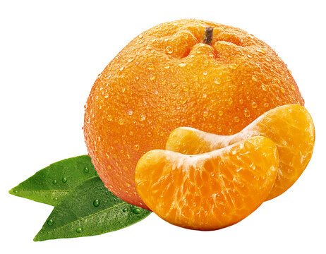 tangerina fresca acompanhado de gomo de tangerina e folha de tangerina isolado em fundo transparente