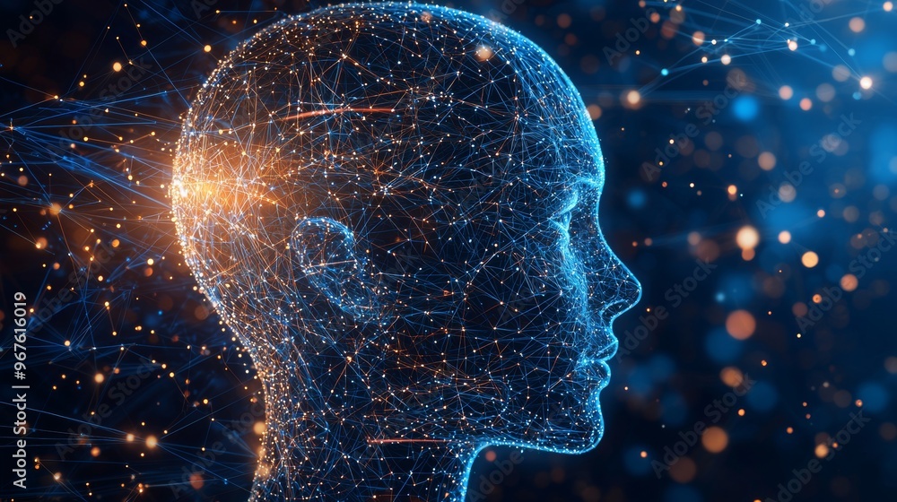 Poster big data analysis and cyber technology are represented within a humanoid head, featuring a digital b
